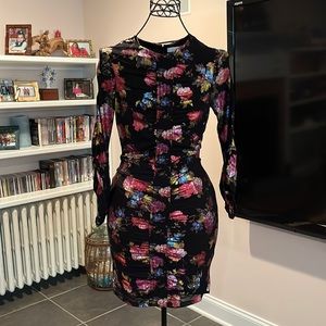 Parker cocktail long sleeve dress- floral print detailed stitching on the front